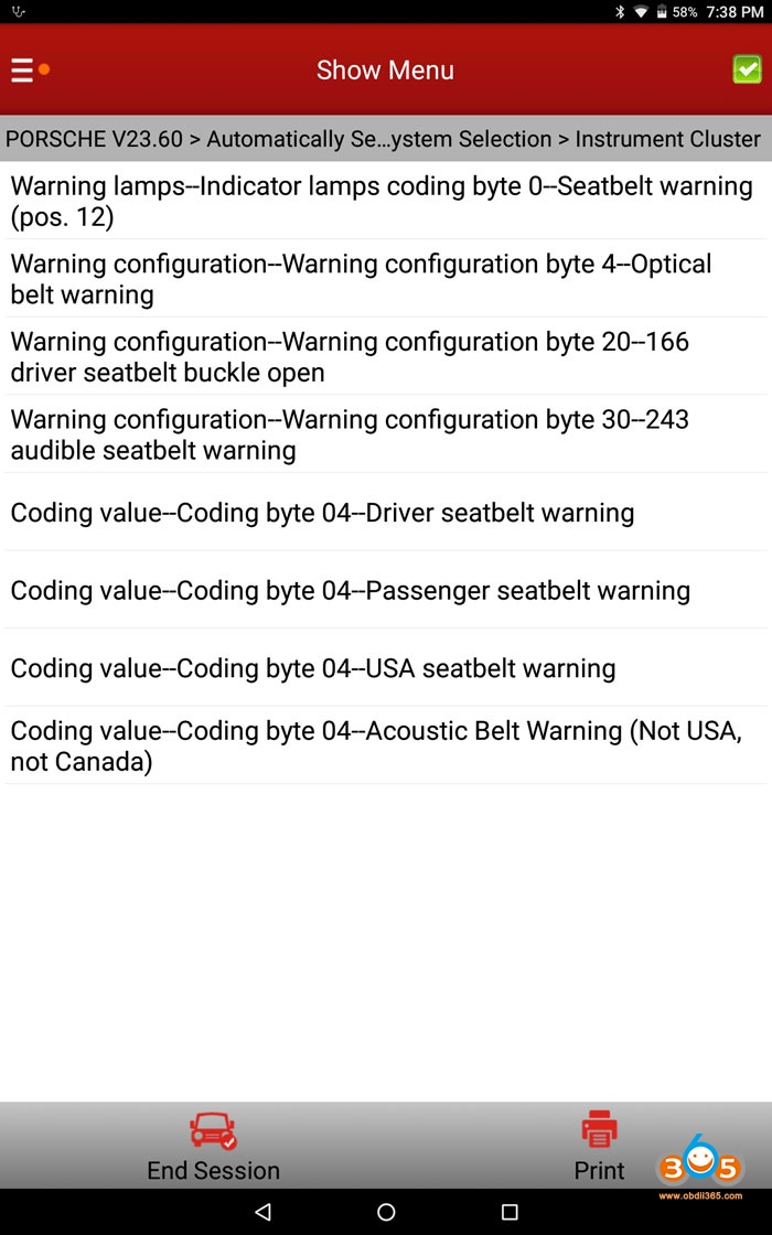 Launch X431 Turn Off Cayenne 958 Seat Belt Chime 05