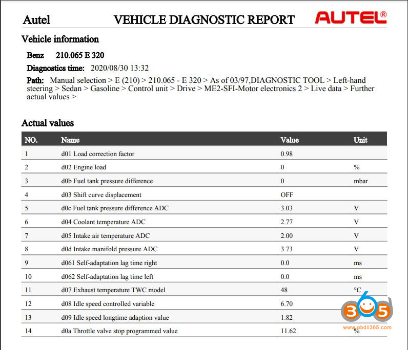 Autel Ap200m W210 Live Data 1