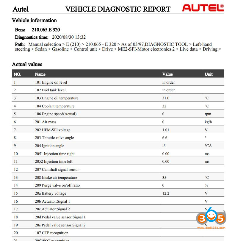 Autel Ap200m W210 Live Data 3