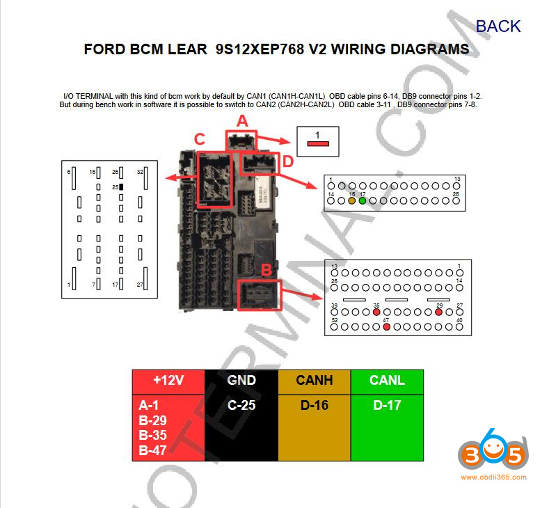 FORD BCM LEAR 9S12XEP768 V2 WIRING DIAGRAMS
